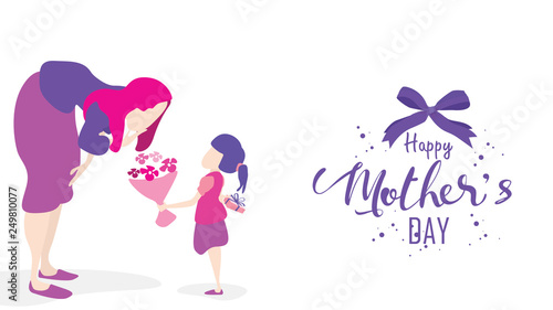 Happy mother's day! Child daughter congratulates mom and gives her flowers tulips. Mum smiling and surprising. Vector illustration flat design style. - Vector