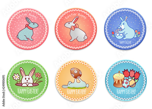 Round card with a bright Easter ornament. Easter bunny, cake, candle, colorful eggs. Post stamp. Isolated on white background. Vector illustration.