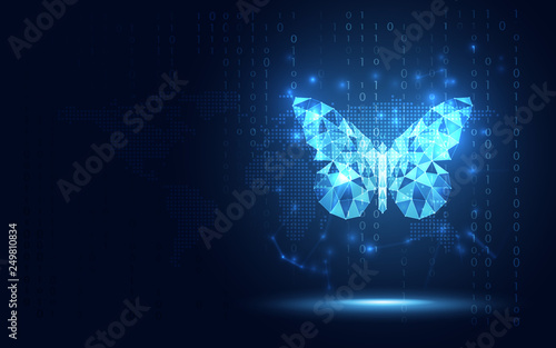 Futuristic blue lowpoly Butterfly abstract technology background. Artificial intelligence digital transformation and big data concept. Business quantum internet network communication evolution concept