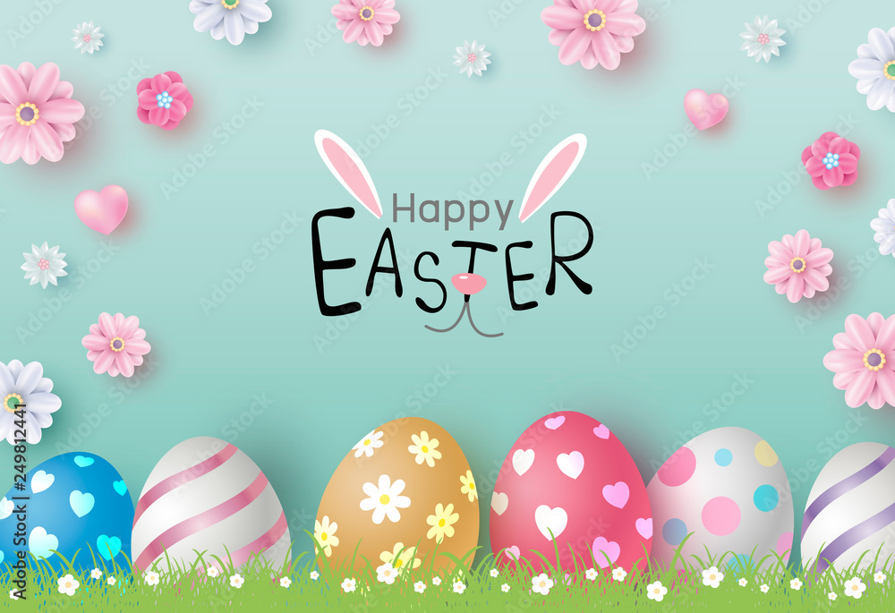Easter day design of eggs and flowers on color paper background vector illustration