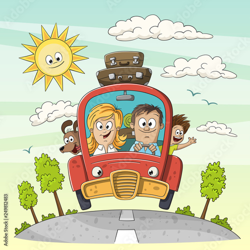 Young family goes on vacation with dog an suitcases on the car roof. Vector Illustration with separate layers. 