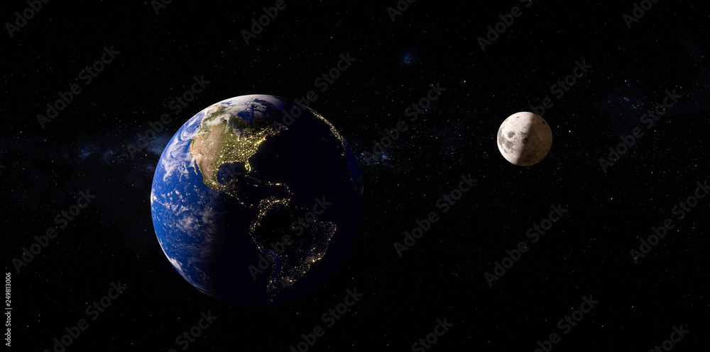 Earth and moon from space. 3D rendering, elements of this image furnished by NASA