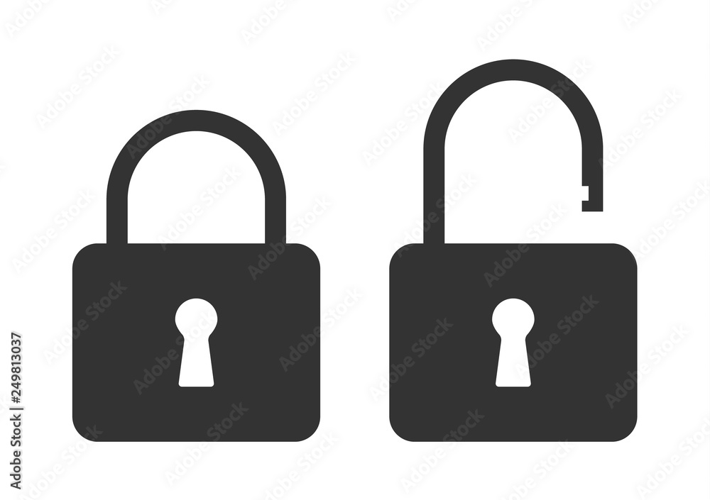 Icons flat closed lock and open lock. Symbols vector security. Isolated symbol on white background Icons flat closed lock and open lock. Symbols vector security. Isolated symbol on white background