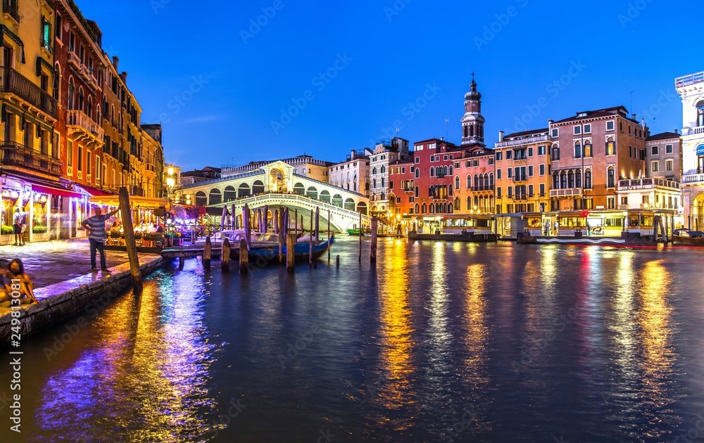 Italy beauty, evening view to famous canal bridge Rialto in Venice, Venezia