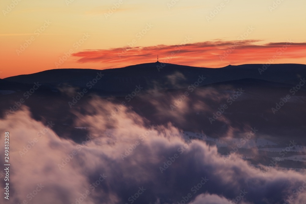 Fantastic winter landscape in snowy mountains. Inversion weather. Christmas holiday concept. Praded, Jeseniky mountains, Czech republic, Europe. Beautiful panorama