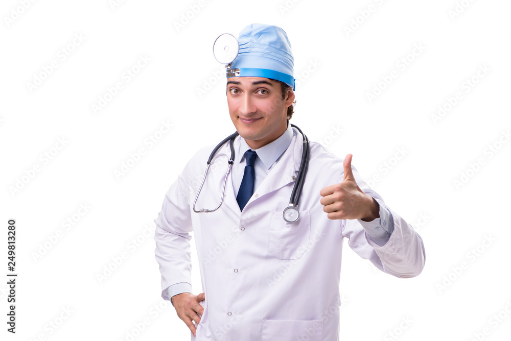 Young handsome doctor otolaryngologist isolated on white Young handsome doctor otolaryngologist isolated on white