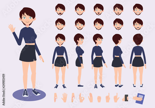 Fashion teenage girl character with various views and face emotions. Front, side, back, 3/4 view animated character. 