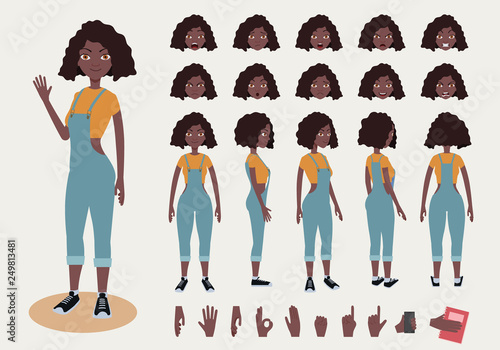 Afro american teenage girl character with various views and face emotions. Front, side, back, 3/4 view animated character. 