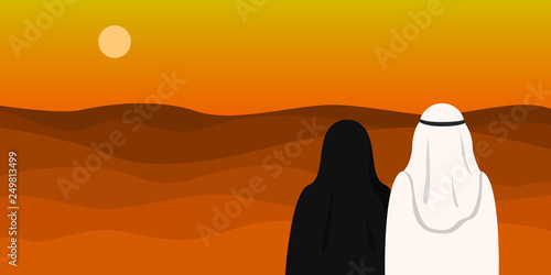 Arab man in kandura and woman in hijab looking at desert. Copy space. Vector illustration.