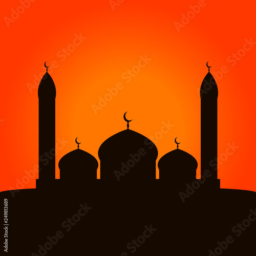Mosque silhouette on orange sky background. Vector illustration.