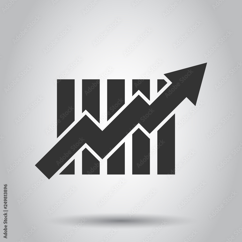 Growing bar graph icon in flat style. Increase arrow vector illustration on white background. Infographic progress business concept. Growing bar graph icon in flat style. Increase arrow vector illustration on white background. Infographic progress business concept.