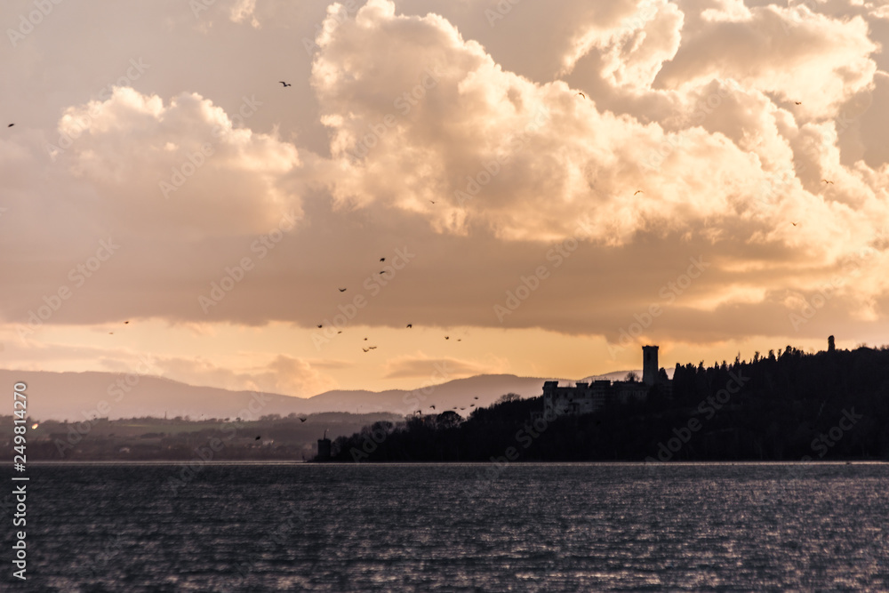 Birds flying over Trasimeno lake with warm sunset colors