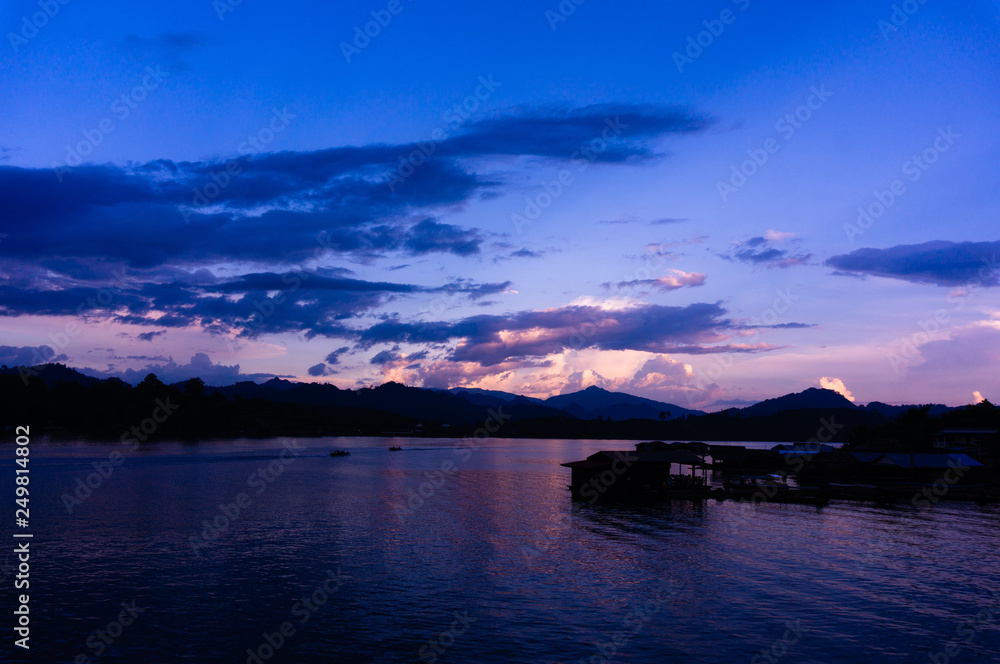 sun set at lake Moutain view