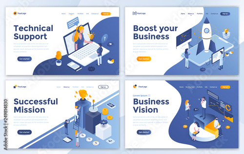 Set of Landing page design templates for Technical Support, Boost your Business, Successful Mission and Business Vision. Easy to edit and customize. Modern Vector illustration concepts for websites