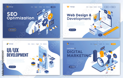 Set of Landing page design templates for SEO, Web Design, Ui Development and Digital Marketing. Easy to edit and customize. Modern Vector illustration concepts for websites set
