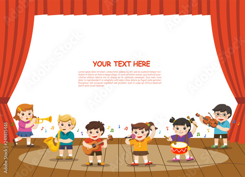 Music concept of children group. Kids playing musical instruments on stage.Template for advertising brochure. Children look up with interest.