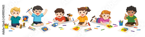 Back to school, Happy Children draw pictures pencils and paints on floor.Isolated vector.