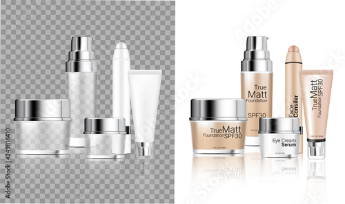 Mock up Realistic Transparent Bottle Cosmetic, Jar, Tube, Pencil for Foundation Anti-Aging Serum, Soap, Shampoo, Cream, Oil Dropper Skincare Product Packaging With Metallic Cap Background Illustration