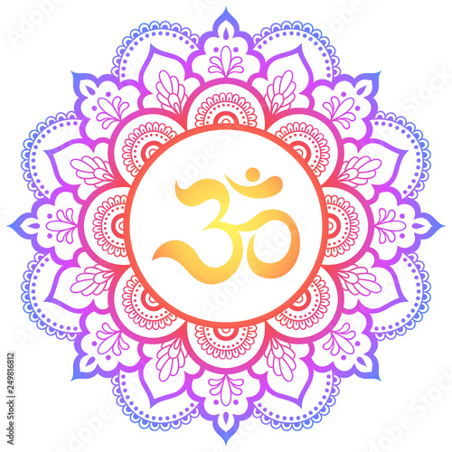 Color Circular pattern in form of mandala with ancient Hindu mantra OM and lotus flower for Henna, Mehndi, decoration. Decorative ornament in oriental style. Rainbow design on white background.