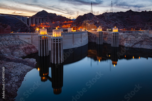 Hoover Dam at Lake Mead at night on the border of Nevada and Arizona in southwestern United States is considered the eigth wonder of the world.