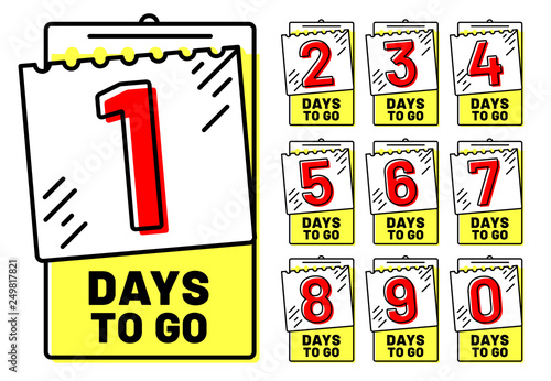 Days to go badges. Countdown badge, number of day left and going timestamp isolated vector illustration set