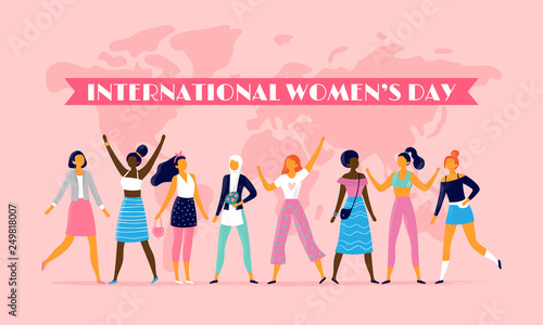 International womens day. Celebrating eight march, sisterhood community and multinational female people vector flat illustration