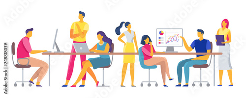 Coworkers workplace. Team working together in coworking space, office team workers and business colleagues vector illustration