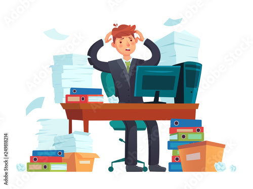 Manager overworked. Office overwork, unorganized paperwork and business work document sheets piles cartoon illustration