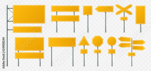 Yellow road sign. Empty street signs, transport road boards and signboard on metal stand realistic vector illustration set