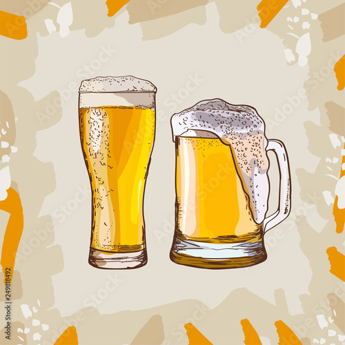 Two glasses of beer, hand-drawing oktoberfest beer, beer with foam. Vector drawing