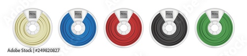 Vector set of five peek filaments for 3D printing wounded on the spool. Plastic material Polyether ether ketone in several color variants – natural white, blue, red, black and green isolated on white.