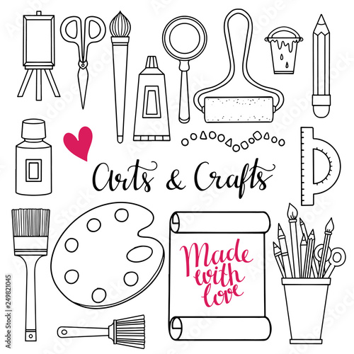 Arts and crafts hand drawn supplies, tools