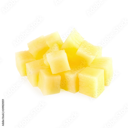Raw Potato sliced strips prepared for French fries isolated over white background.