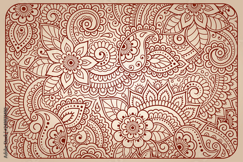 Stylized with henna tattoos decorative pattern for decorating covers for book, notebook, casket, magazine, postcard and folder. Eastern tradition flower design in mehndi style.