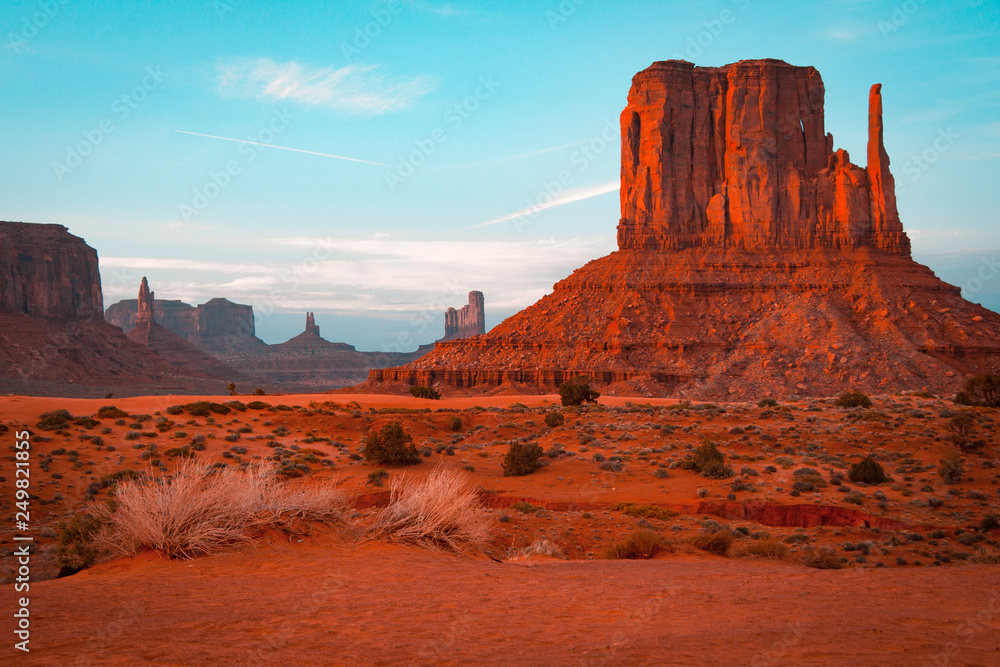 Sunset view at Monument Valley, Arizona, USA. Teal and orange style