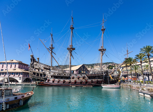 Old pirate ship at berth in the port of Genoa  Italy