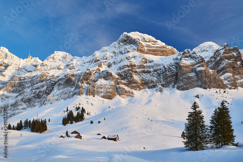 Schneebedeckte Schwägalp mit Alpsteinmassiv und Säntis im Winter, Felsen, blauer Himmel, leichte Schleierwolken, Häuser und Schäunen, Tannen