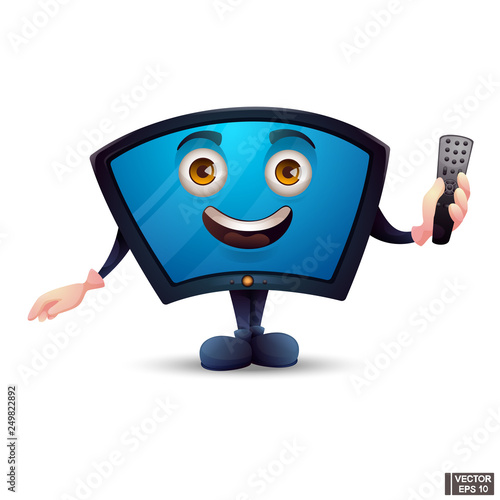 Cartoon character happy monitor. Home electronic equipment.