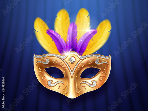 Colorful feather masquerade mask with diamonds. Carnival or party, festival celebration golden face cover. Part of theater costume. Colombina masque design for mardi gras festive. Celebration theme