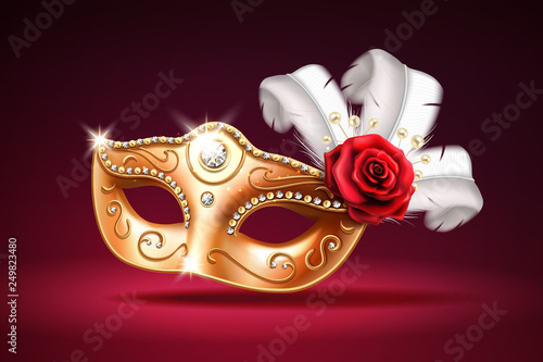 Glittering colombina mask for face cover at carnival or masquerade. Festival costume part with feather and rose flower. Golden masque with diamonds for brazil festive or venice mardi gras.