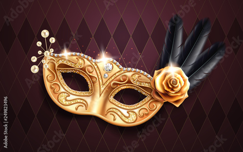 Glittering colombina mask for face cover at carnival or masquerade. Festival costume part with feather and beads, gold rose flower. Golden masque with diamonds for brazil festive or venice mardi gras.
