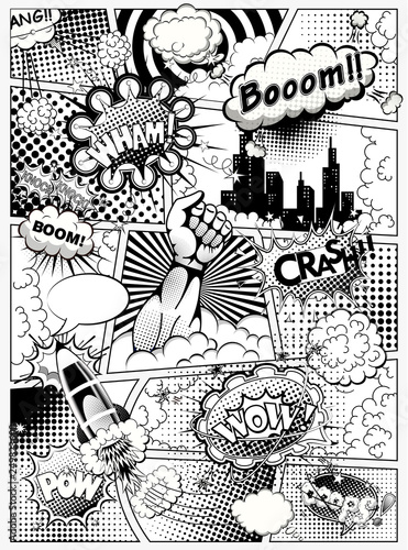 Black and white comic book page divided by lines with speech bubbles, rocket, superhero hand and sounds effect. Illustration
