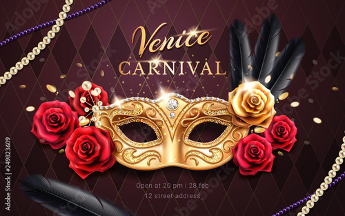 Mardi gras carnival banner with mask and rose flower, feather, beads or chaplet. Masquerade costume part on venice festival banner. Colombina mask with lace. Venetian festive flyer, party poster