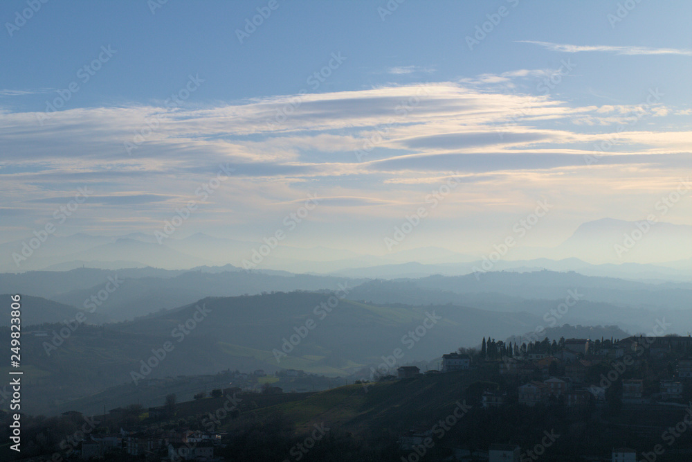 hilly landscape,italy,nature,clouds,horizon,view,sunlight,panorama,fog,