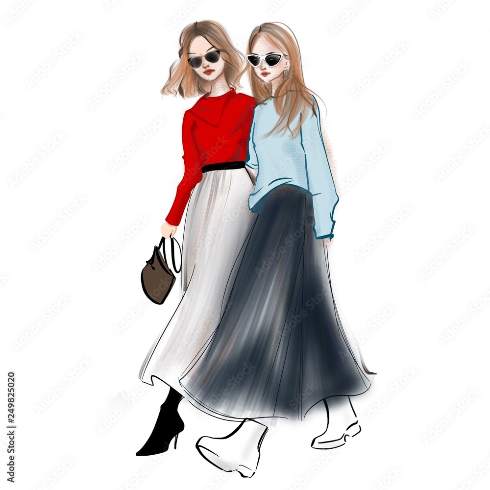 stylish girls walking together in red and blue sweater ilustración de Stock  | Adobe Stock