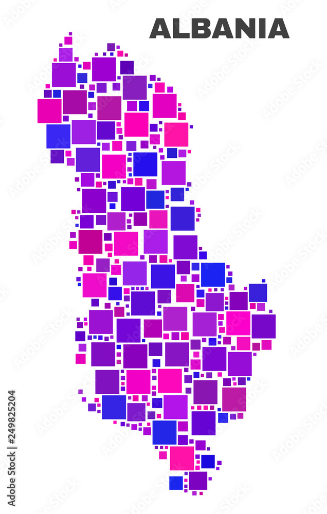 Obraz premium Mosaic Albania map isolated on a white background. Vector geographic abstraction in pink and violet colors. Mosaic of Albania map combined of random square elements.