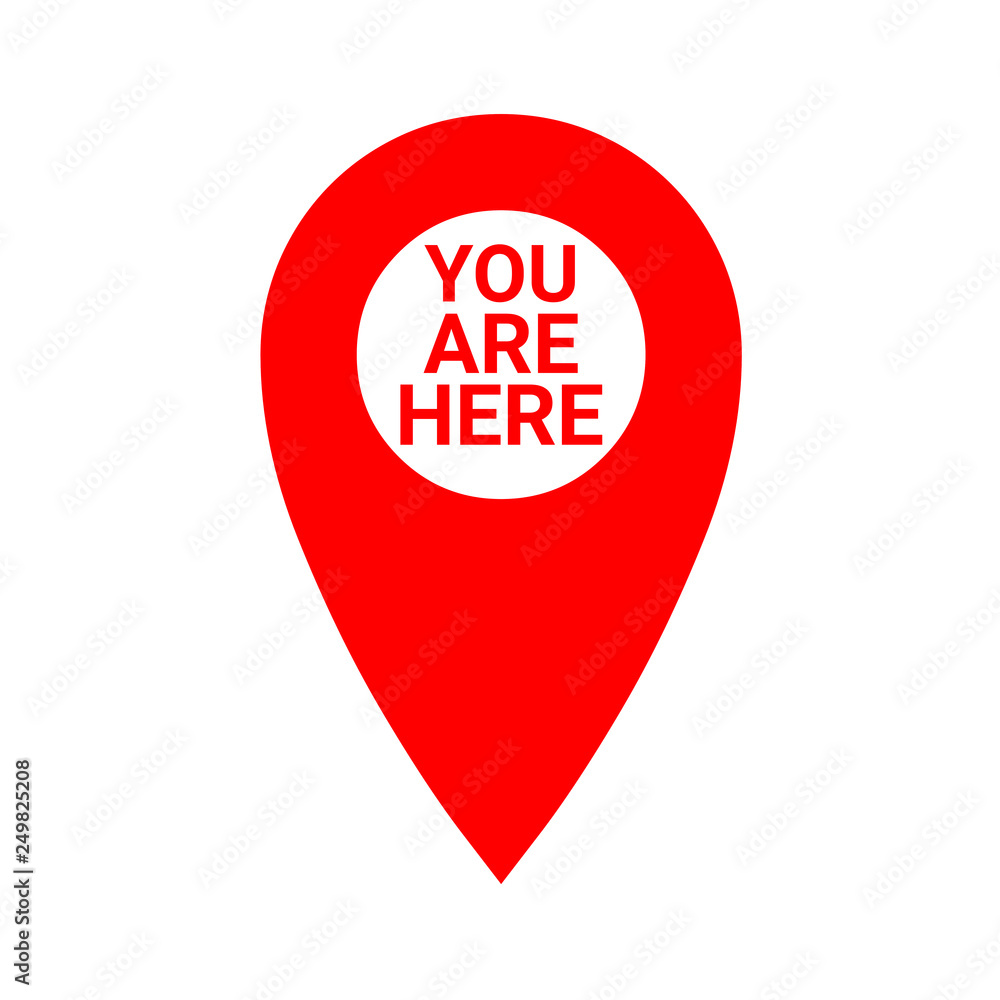 Red map pointer with the text you are here Red map pointer with the text you are here