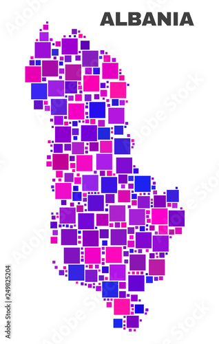 Mosaic Albania map isolated on a white background. Vector geographic abstraction in pink and violet colors. Mosaic of Albania map combined of random square elements.
