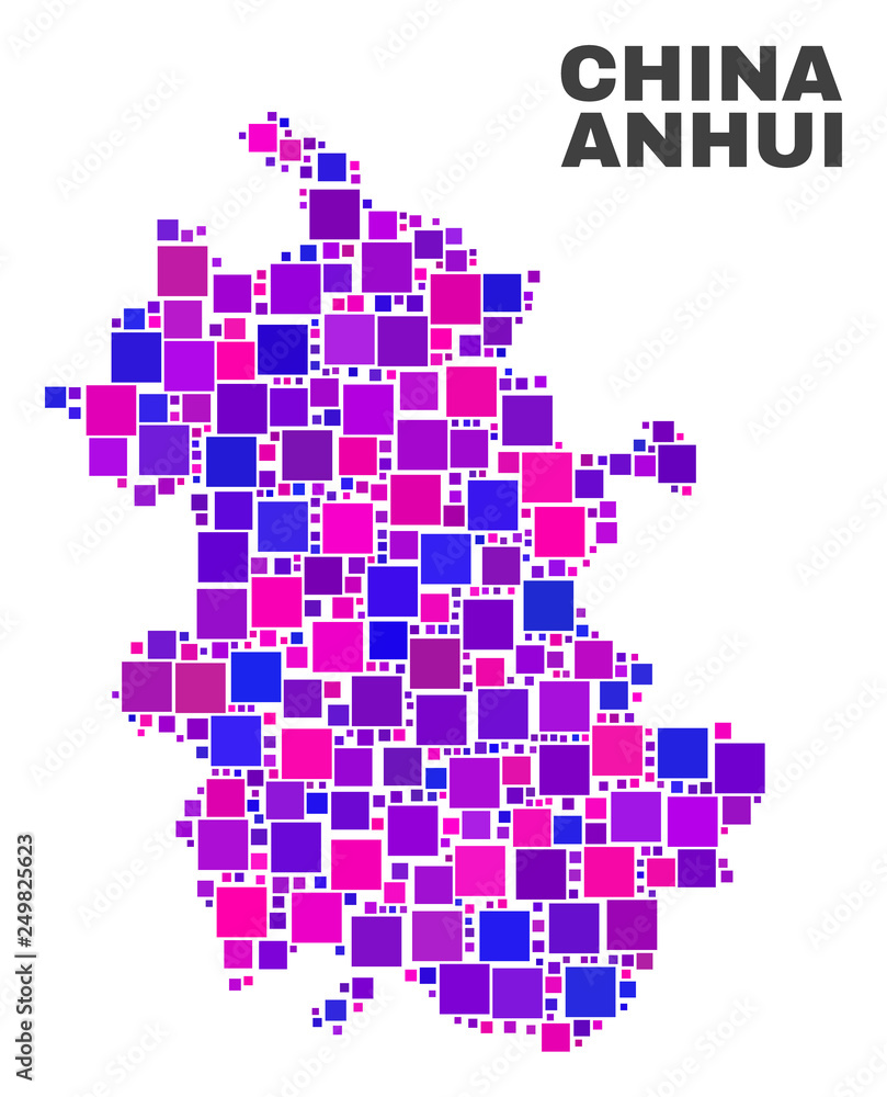 Mosaic Anhui Province map isolated on a white background. Vector geographic abstraction in pink and violet colors. Mosaic of Anhui Province map combined of random square elements.