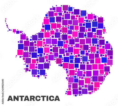 Mosaic Antarctica continent map isolated on a white background. Vector geographic abstraction in pink and violet colors. Mosaic of Antarctica continent map combined of random square items.
